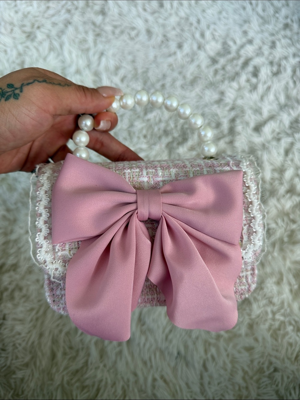 Large Pink Bow Faux Pearl Handle Mini Princess Purse